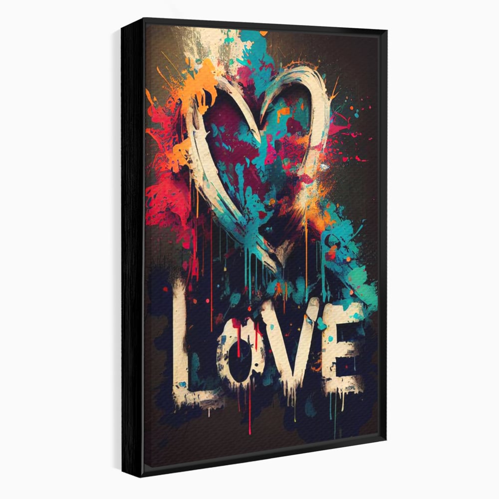 Tablou canvas cu tablou canvas cu inima graffiti si cuvantul love, in rama de aluminiu negru